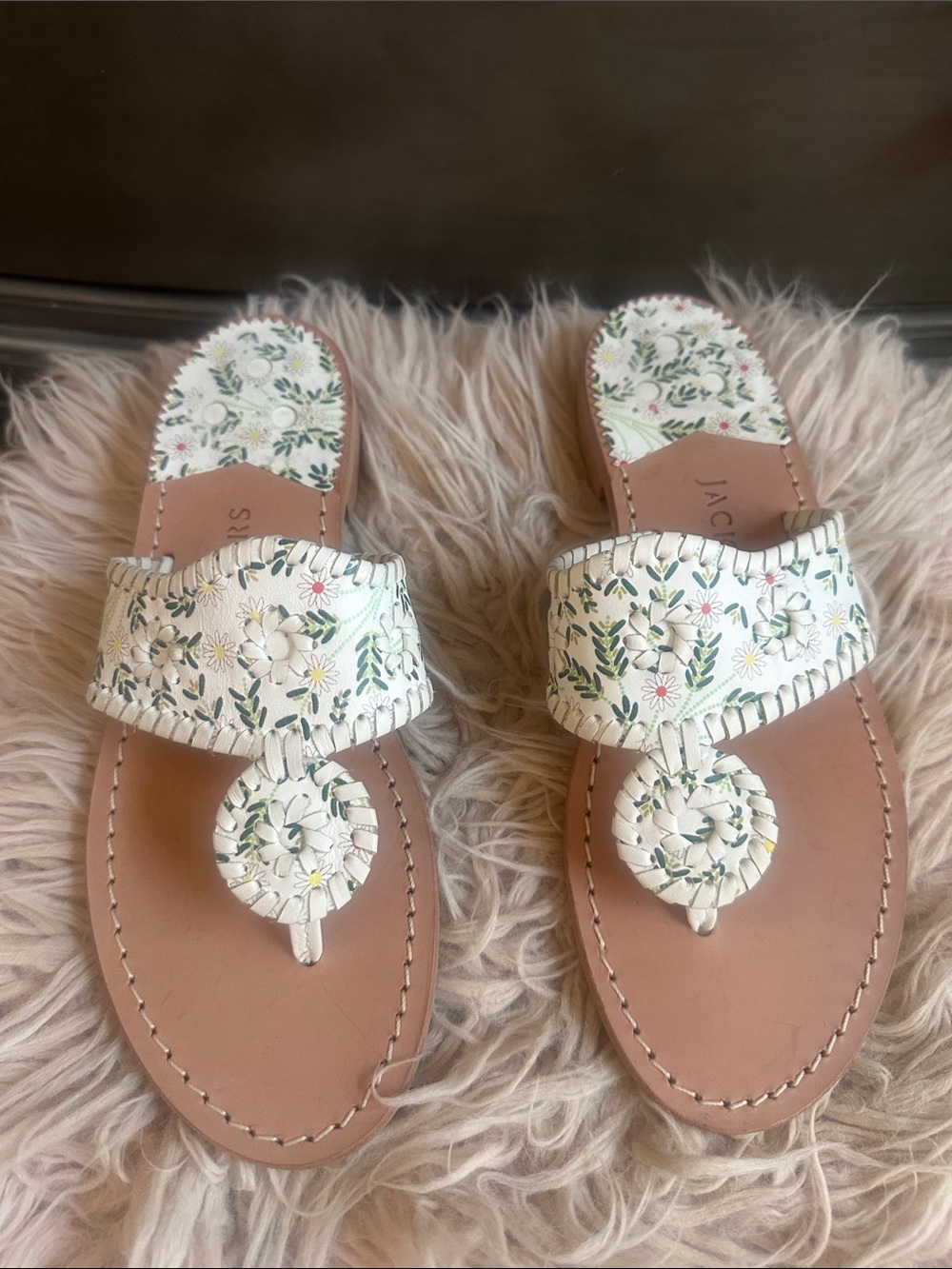 Jack Rogers White Floral Leather Slide Sandals